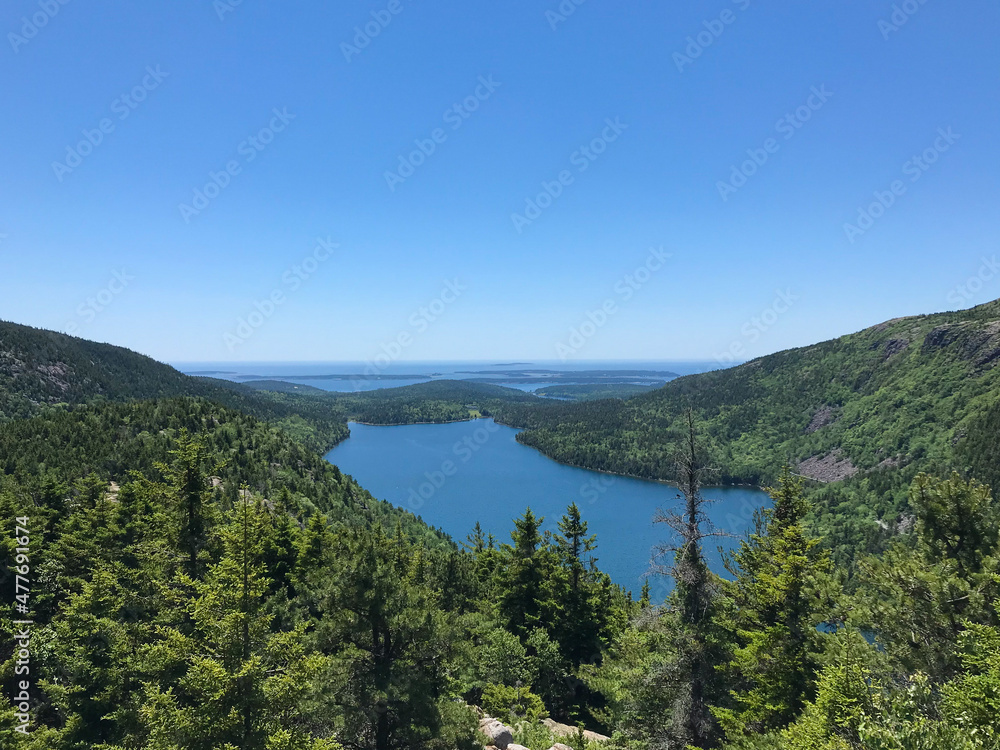 View of Jordan Pond from South Bubble summit in Acadia National Park in Maine in summer