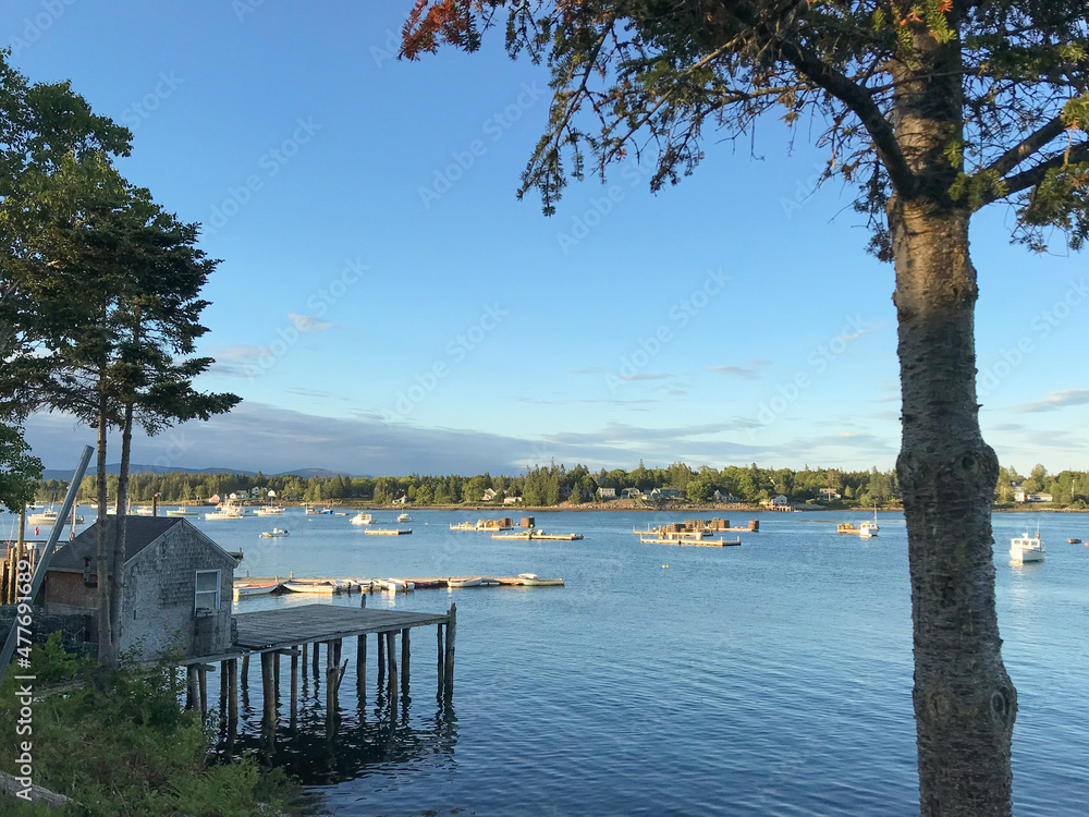 Dusk in a small fishing village on Mt Desert Island in Maine- boats on the water