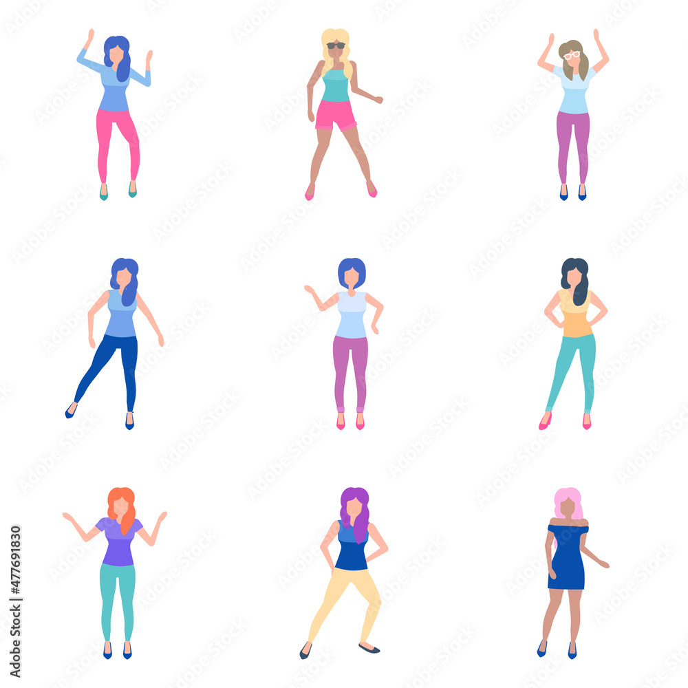 Dancing Girl Flat Icon Set Isolated On White Background