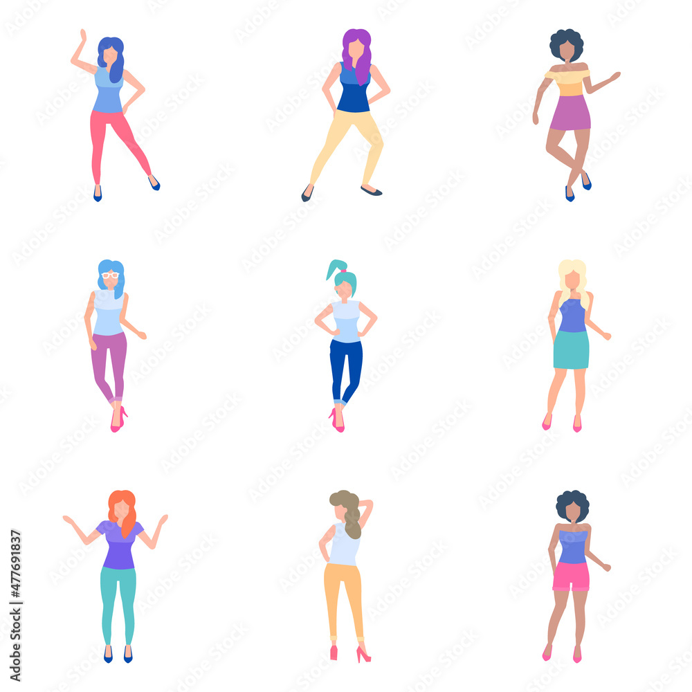 Dancing Girl Flat Icon Set Isolated On White Background