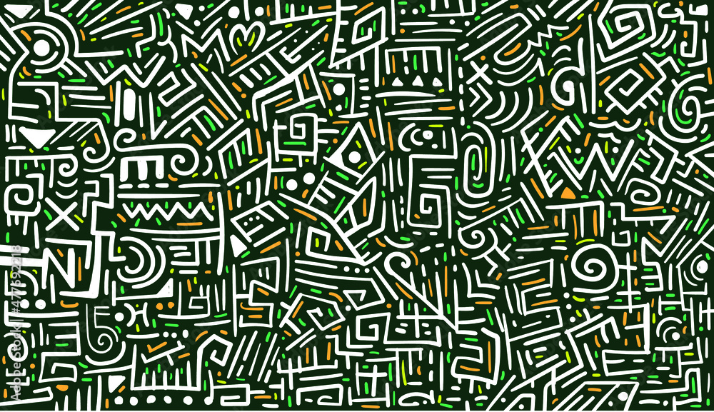 Green tones form graffiti tribal. Fabric patterns and backgrounds