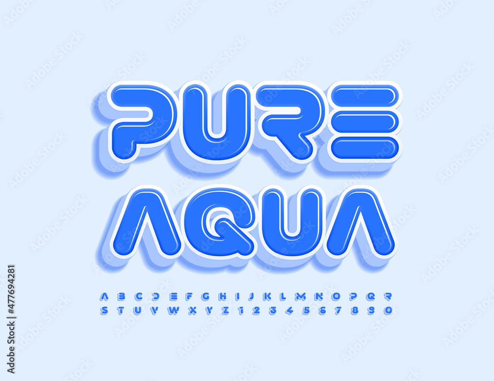 Vector creative emblem Pure Aqua. 3D abstract Font. Modern Blue Alphabet Letters and Numbers set Vector creative emblem Pure Aqua. 3D abstract Font. Modern Blue Alphabet Letters and Numbers set
