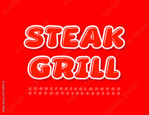 Vector bright Emblem Steak Grill. Trendy Red Font Glossy Alphabet Letters and Numbers set.