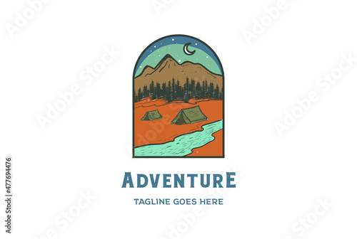 Night Mountain Pine Evergreen Spruce Conifer Fir Larch Cypress Trees Forest with Tent Camp for Adventure Badge Emblem Logo Design