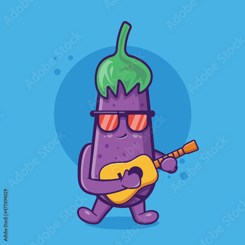 Cool eggplant character mascot playing guitar isolated cartoon in flat style