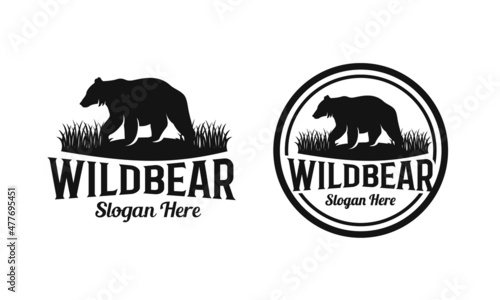 Wild bear walk in the grass logo vintage