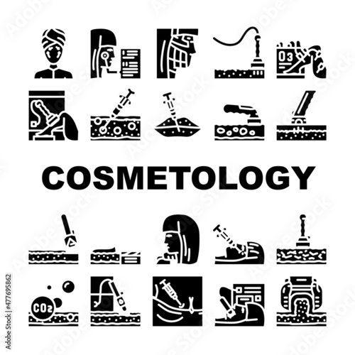 Cosmetology Treatment Procedure Icons Set Vector Complex Face Cleansing Mesotherapy Rejuvenation Zones, Cosmetology Microdermabrasion Therapy Lifting Facial Skin. Glyph Pictograms Black Illustrations