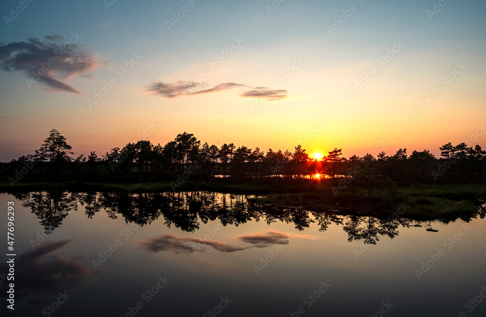 gorgeous sunset on a bog lake in estonia