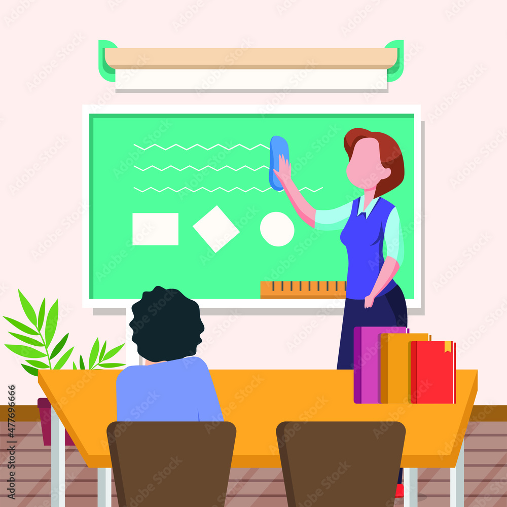 The teacher is cleaning the blackboard before starting the lesson. Vector colorful illustration. Cleaning school. The teacher is cleaning the blackboard before starting the lesson. Vector colorful illustration. Cleaning school.