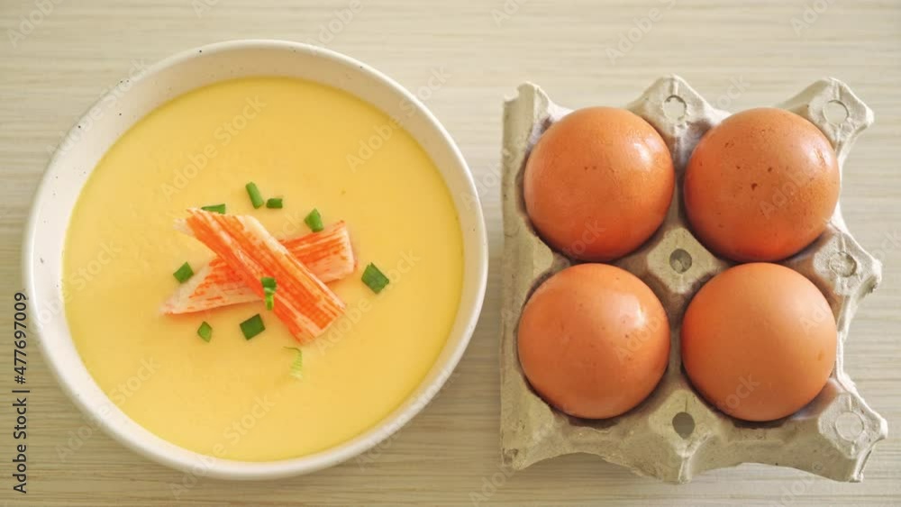 Steamed egg with crab stick and spring onion Steamed egg with crab stick and spring onion