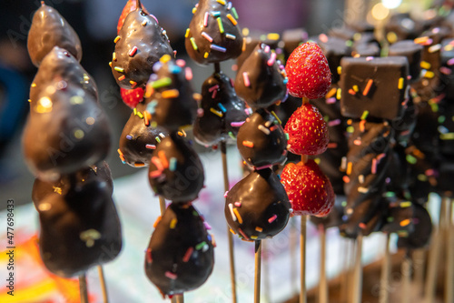 Chocolate covered fruit and treats on street in northern Thailand