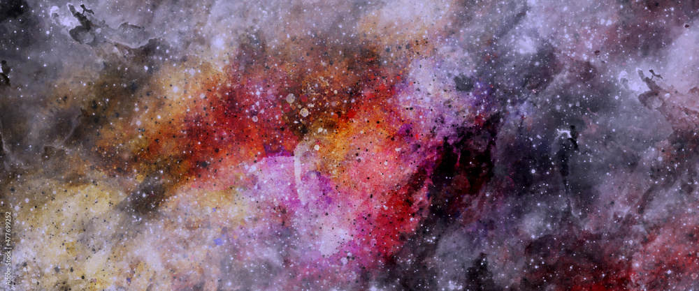 Colorful space background with stars, Blue watercolor galaxy texture, fantazy universe, Purple clouds, Paint splash, Colorful gradient ink colors wet effect hand drawn canvas background wallpaper. - obrazy, fototapety, plakaty 