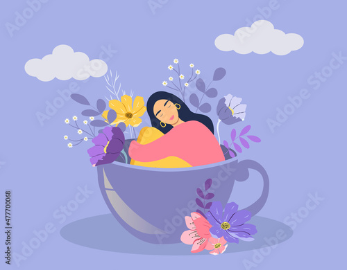 vector illustration on the theme of harmony, balance, pleasant emotions - girl sits in a tea cup, surrounded by flowers. mental health care concept. flat style illustration
