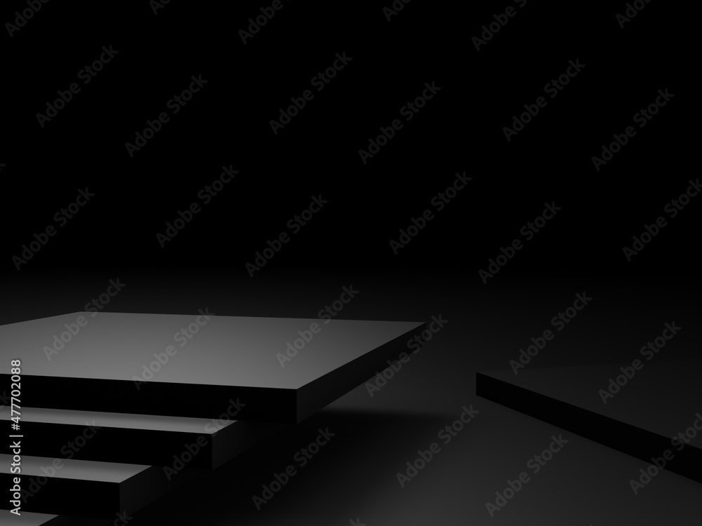 3D black geometric product podium. Dark room background. 3D black geometric product podium. Dark room background.