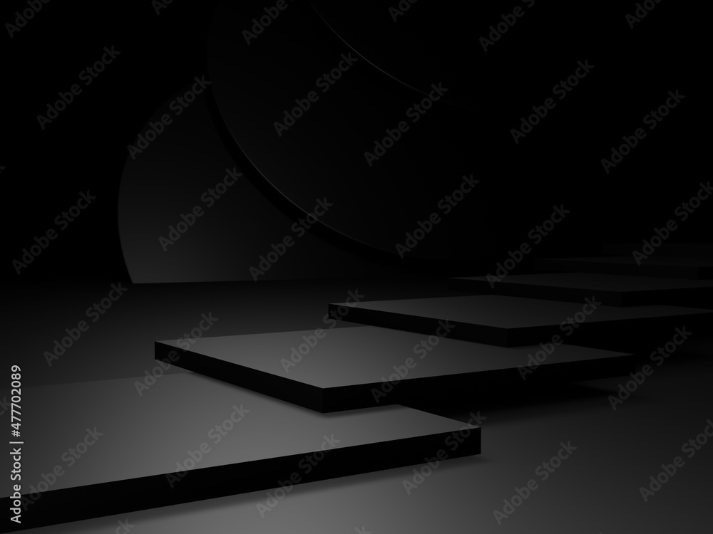 3D black geometric product podium. Dark room background. 3D black geometric product podium. Dark room background.