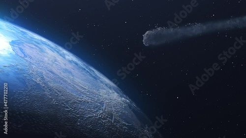 Massive Comet Asteroid Aproaching Planet Earth
Cinematic outer space view, Global danger threat Concpet, 3d rendering
 photo