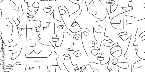 One line drawing Black white face seamless pattern