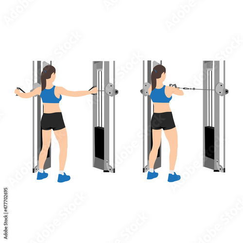 Woman doing reverse cable flyes exercise. Flat vector illustration isolated on white background