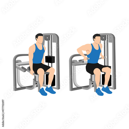 Man doing Assisted Machine seated tricep dips exercise. Flat vector illustration isolated on white background