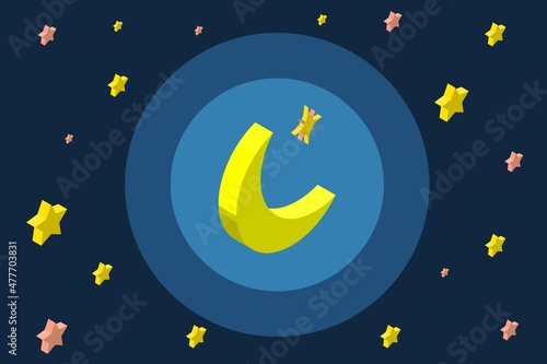 アイソメトリックな三日月月と星の夜空のイラスト.