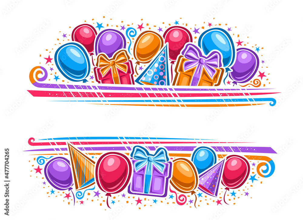 Vector Border for Happy Birthday with copy space, horizontal template with illustration of variety colorful balloons, two gift boxes and decorative flourishes for birthday party on white background