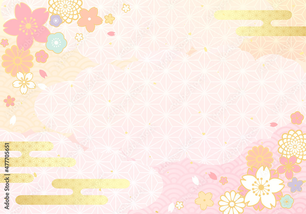 和柄と桜の花と雲の和風なベクターイラスト背景(ひなまつり,花見,バナー)