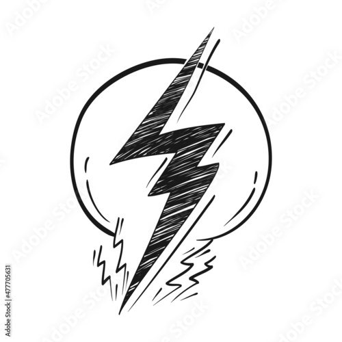 hand drawn Electric lightning, thunder bolt in doodle style. isolated on white background. vector illustration