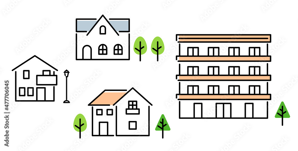 家や集合住宅のアイコンイラスト マンション 一軒家 家や集合住宅のアイコンイラスト マンション 一軒家