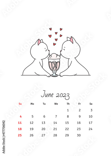 June 2023 calendar. Calendar template decorated with a cute white cat in love. Vector illustration 10 EPS.