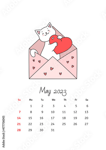 May 2023 calendar. Calendar template decorated with a cute white cat in love. Vector illustration 10 EPS.