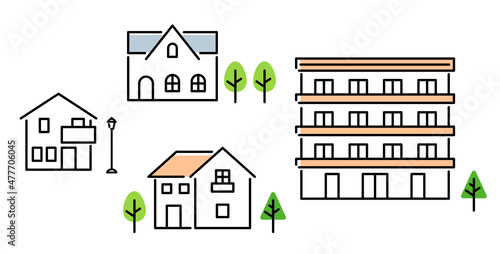 家や集合住宅のアイコンイラスト　マンション　一軒家