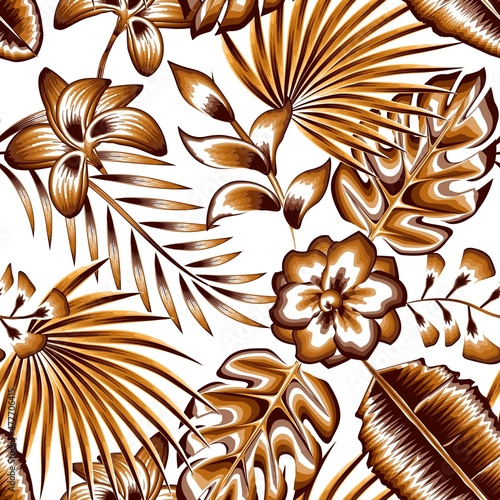beautiful vintage color jasmine flowers illustration seamless pattern with abstract tropical monstera fern leaves and banana plants foliage in monochromatic color style on white background. Summer 