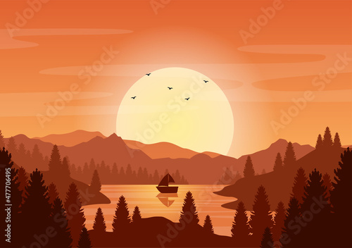 Sunset Landscape of Mountains, Hill, Wilderness, Sands, Lake and Valley in Flat Wild Nature for Poster, Banner or Background Illustration © denayune