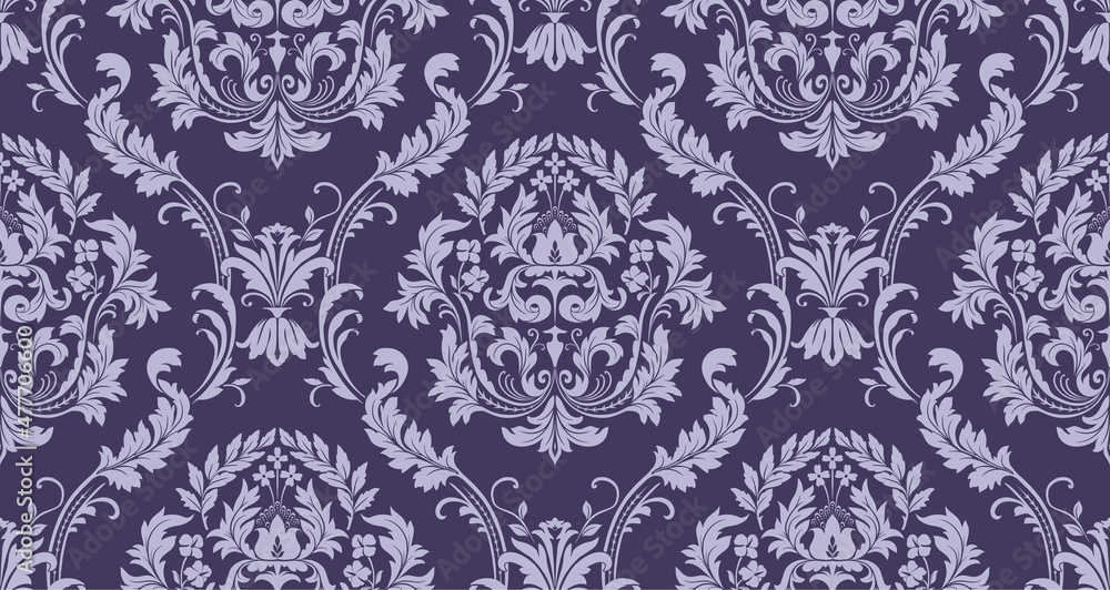 Vector seamless damask pattern with floral baroque elements. Repetitive vintage design for wallpapers, fabric, textile, upholstery, curtains, slipcover, blinds, packaging, bedding - obrazy, fototapety, plakaty 