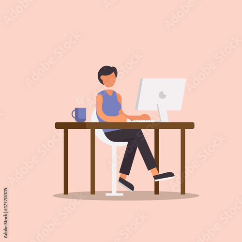 Flat Design Illustration of Woman Working on computer