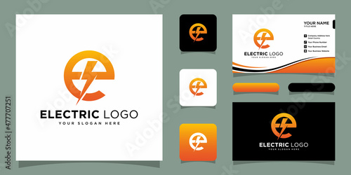 Initial e letter with lightning bolt logo vector design with business card design template
