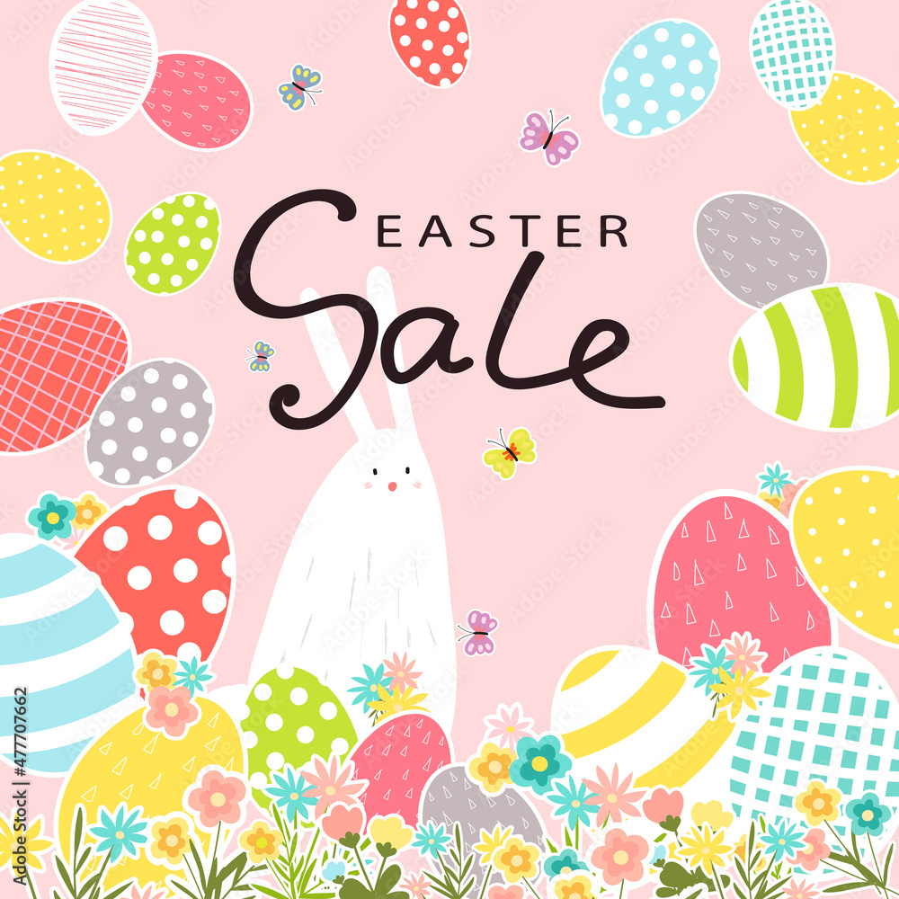 Easter discount banner. Vector poster with a picture of hare and colorful eggs. Easter design with inscription. Flat style. Easter discount banner. Vector poster with a picture of hare and colorful eggs. Easter design with inscription. Flat style.