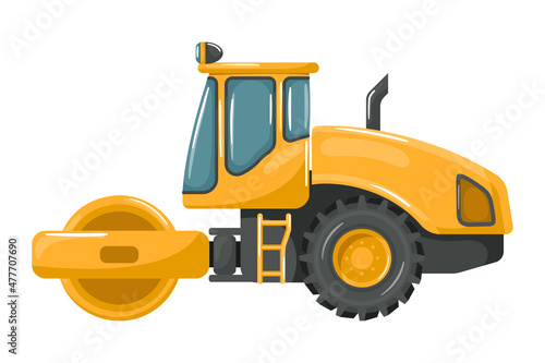 cartoon soil compactor roller, heavy machinery for construction and mining