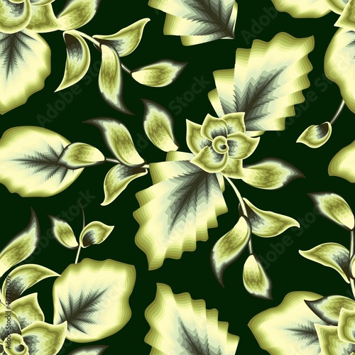elegance green monochromatic tropical foliage seamless pattern with beautiful calla leaves and abstract flower plant on pastel background. fashionable print texture. Floral background. Summer design