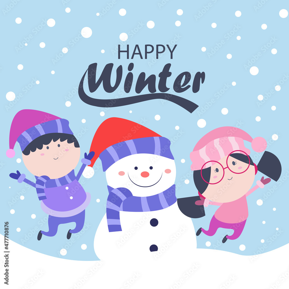 Winter illustration with cute boy, girl and snowman Winter illustration with cute boy, girl and snowman