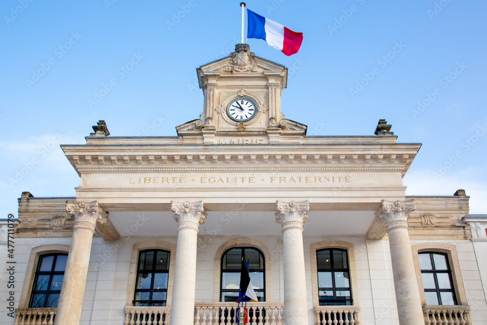 Arcachon city French tricolor flag with mairie liberte egalite fraternite france text building mean town hall and freedom equality fraternity in france