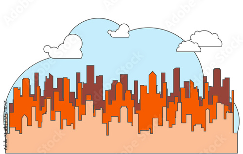 Urban landscape, silhouette of the city in orange tones against a background of blue sky and clouds. Megapolis. Vector illustration.