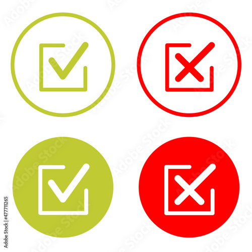 Check mark icons. Thin line. Symbols of approving and declining. Check tick in green color and reject symbol in red color. Vector