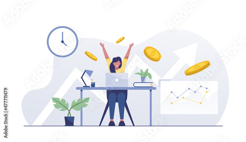 appy and successful woman trader or businesswoman on workplace.