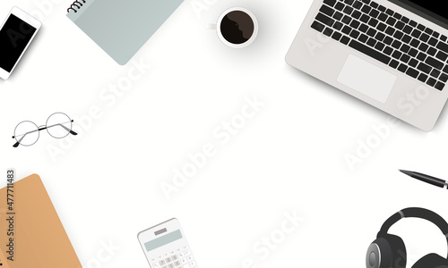 Minimal workspace creative flat lay design of Workspace desktop view office desk with laptop, smartphone, books, pen and earphones on white color Background. Vector EPS 10