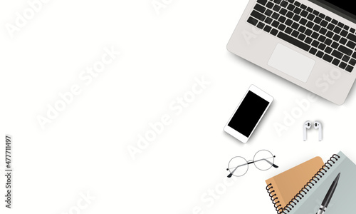 Minimal workspace creative flat lay design of Workspace desktop view office desk with laptop, smartphone, books, pen and earphones on white color Background. Vector EPS 10