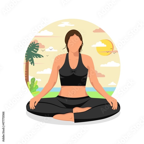 Woman in lotus pose doing yoga in nature. Vector character. Cartoon drawing. For web site design and templates.