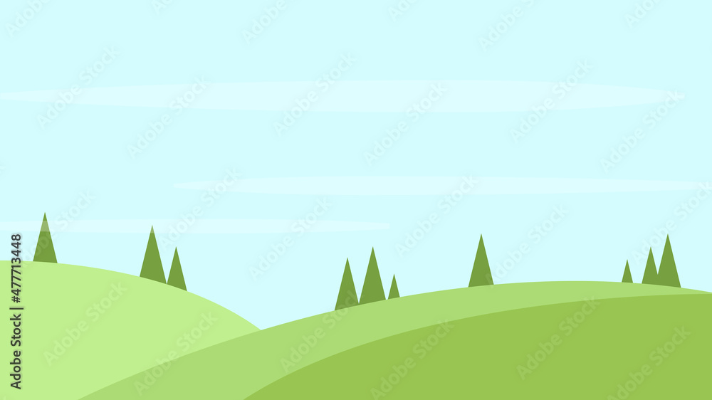 Obraz premium Simple Flat Summer Landscape with Clouds and Trees