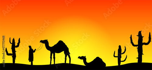 Desert Landscape Sunset with Bedouin and Camels