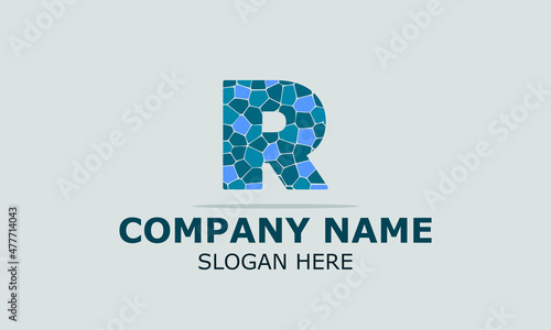Abstract vector logo letter r with blue stones in gray background . modern logo design template.